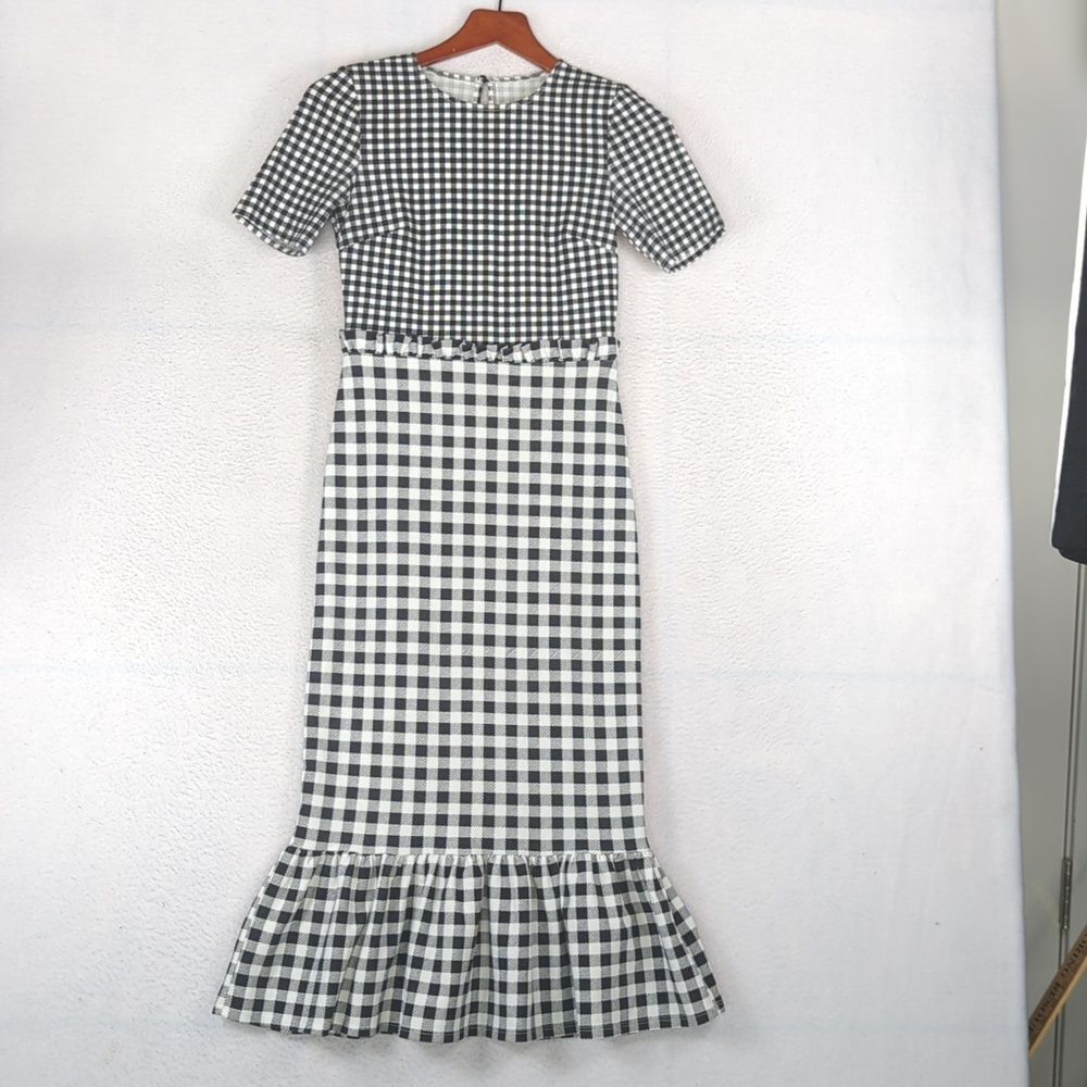 Black and White Gingham Midi Dress with Ruffle Hem